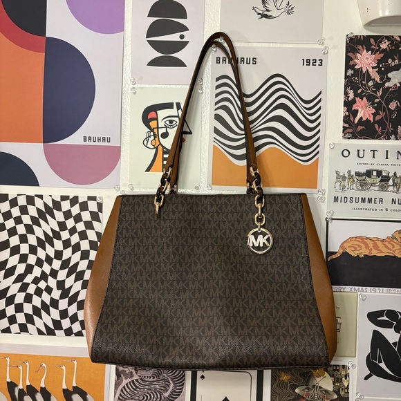 Michael Kors Handbags - Michael Kors Monogram Shoulder Bag w/ MK Charm & Tortoise Chain Accents – Brown